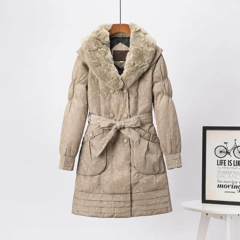 Real Rex Rabbit Fur Collar Hooded Mid-length Down Jacket Women Fashion Slim Belt White Duck Down Winter Jacket