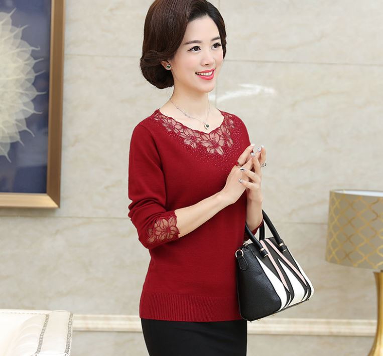 Lace Hollow Neck Knitted Bottoming Shirt Fashion Solid Color Loose Plus Size Women's Sweater