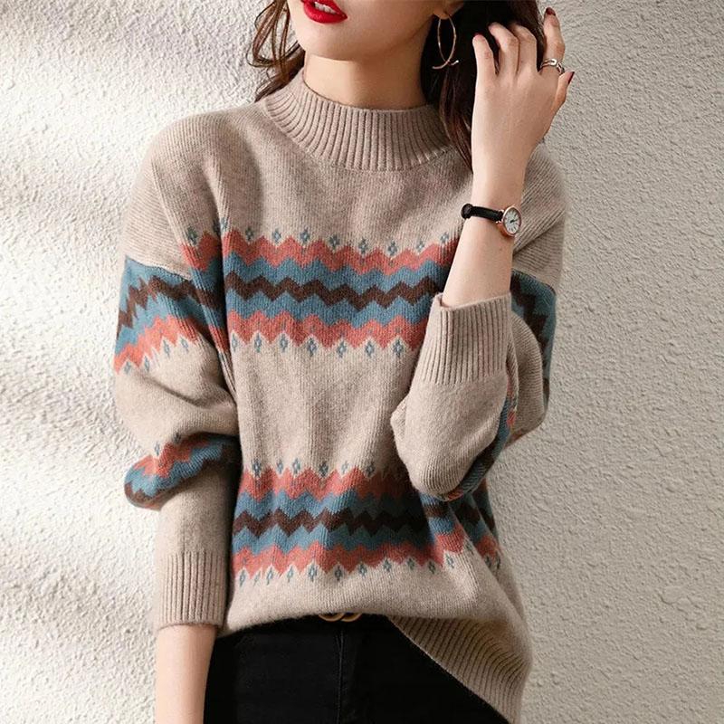 Sweater Women's Pullover Color Striped Knitwear Korean Loose Top Trending Sweater Autumn and Winter Fluffy Lazy Style