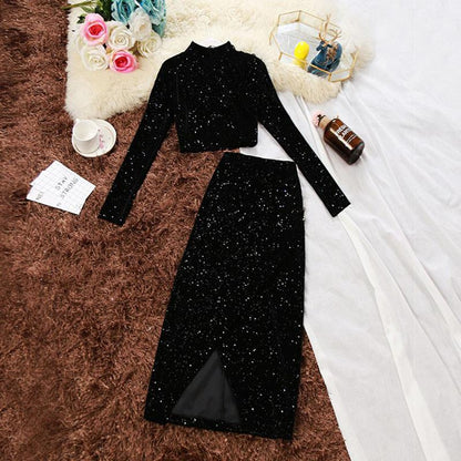 Spring and Autumn Skirt Suit Women's Gold Velvet Crop Top and Mid-length High Waist Bag Hip Skirt Two-piece Set  Ladies Glittering Outfits