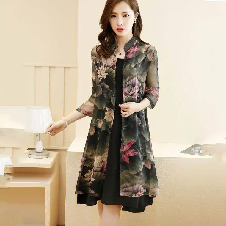 Chiffon Shirt + Dress 2pcs Suit  Women's Sun Protection Clothing Sun-Dress Mid-length Plus Size Shawl Loose Outer Chiffon Cardigan Thin Coat Beach