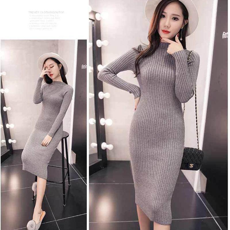 Autumn and Winter Long Over-the-knee Sweater Skirt Half High Neck Bottoming Slim Dress Thickened Hip Knitted Dress