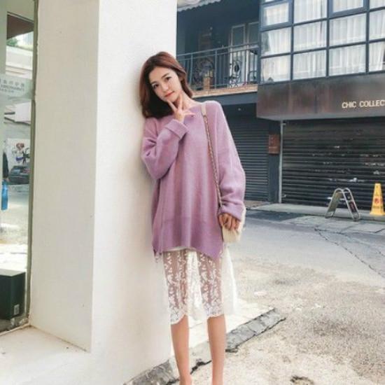 Pofulove 7 Colors Women Warm Solid Purple O-Neck Loose Sweater Blouse Simple Color Charm Sweaters
