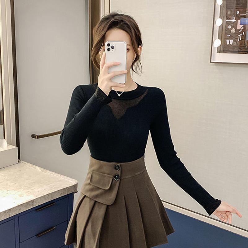 Sweater Women Autumn Winter Bottoming Shirt Women's Mesh Stitching Loose Long-sleeved Round Neck Korean Knit Sweater with Top