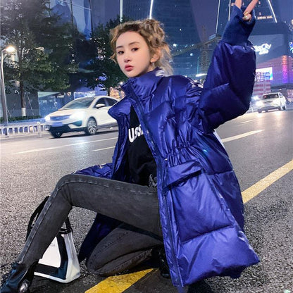 Winter Stand-collar Down Jacket Women's Mid-length White Duck Down Winter New Waist Shiny Thick Coat Winter Warmth Thick Cotton Jacket