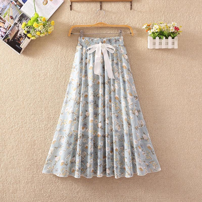 Summer High Waist Chiffon Women Midi Skirts Casual Floral Print Female Skirt Maxi Beach Skirt