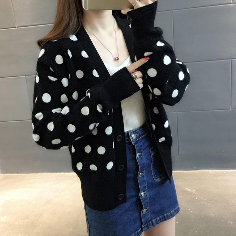 Polka Dot Short Knit Top Loose College Style V-neck Sweater Fashion Casual Jacket Women