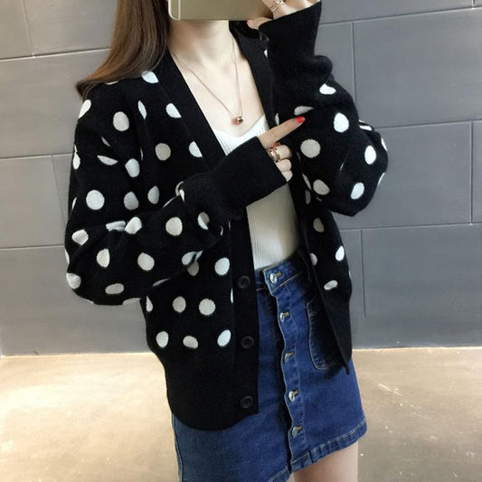 Polka Dot Short Knit Top Loose College Style V-neck Sweater Fashion Casual Jacket Women