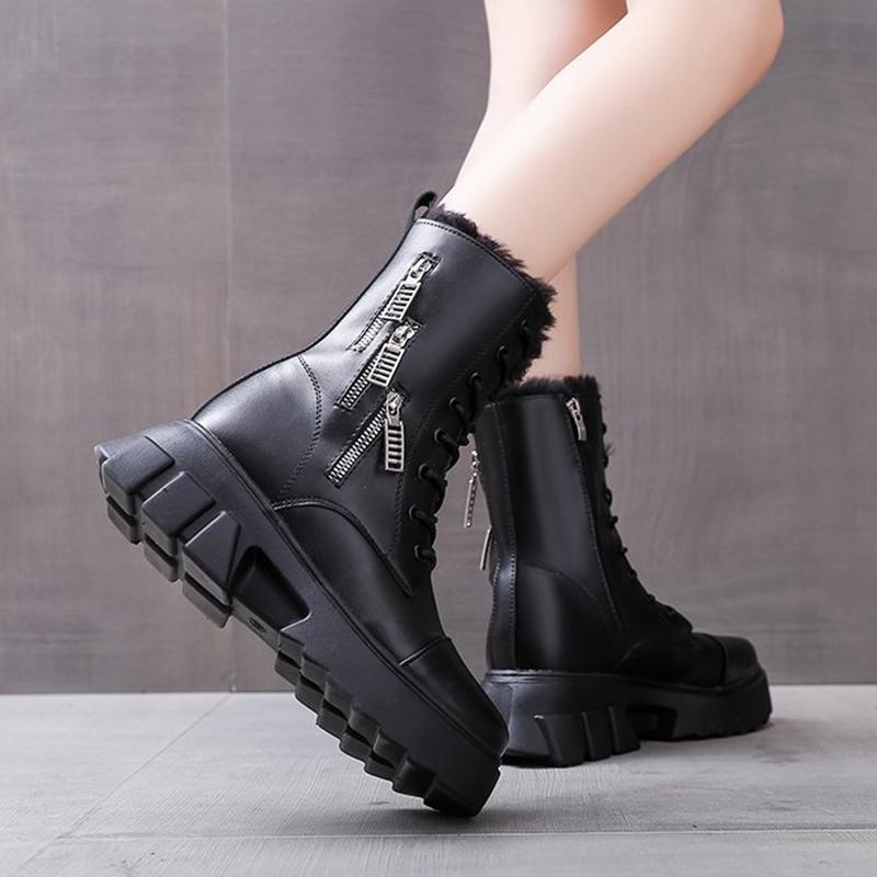 Women Winter Shoes Ankle Boots Leather Warm Plush Snow Boots Female Shoes Woman Chunky Platform Booties White Black