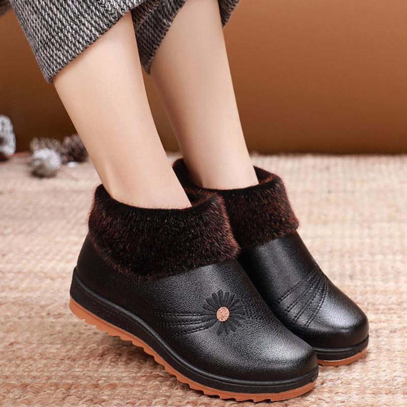 Winter Fleece Warm Cotton Boots Leather Women's Cotton Shoes Waterproof Cloth Shoes
