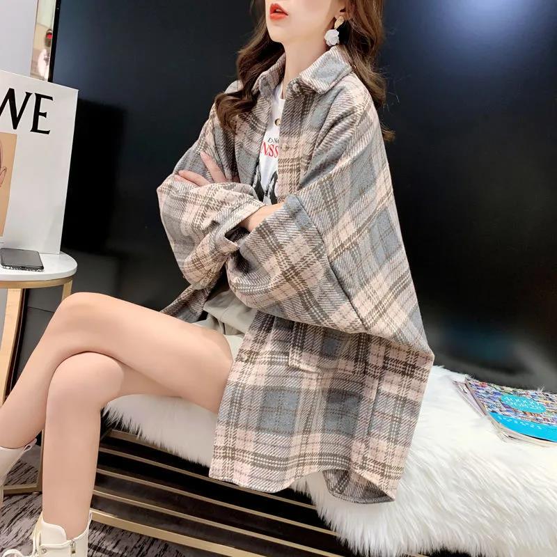 Thickened Plaid Shirt Women's Jacket Women's Spring All-match Long-sleeved Thin Top Fashion Woolen Shirt