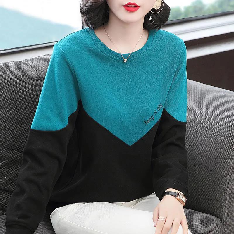 Women Casual Pullover Stitching Color Shirt Summer Long-sleeved T-shirt Boutique Bottoming Shirt