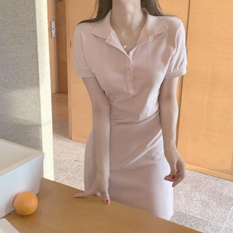 Summer Short Skirt Girl Retro Polo Collar Waist Slim Short Sleeve Small Man Pure Cotton Dress Pink