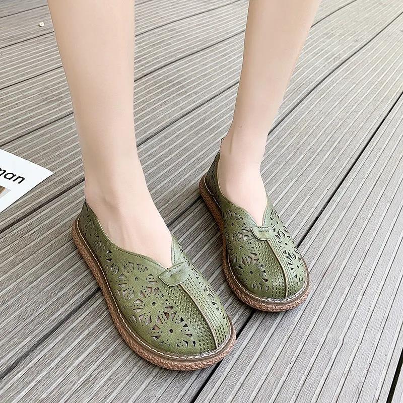 Retro Hollow Round Toe Thick Bottom Big Toe Shoes Cotton and Linen Comfortable Casual All-match Doll Shoes Sandals Women's Moccasin Shoes