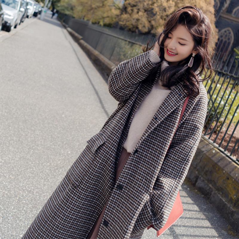 Loose Woolen Coat Women's Mid-length Houndstooth Coat Women's Autumn and Winter Models All-match Loose Mid-length Coat