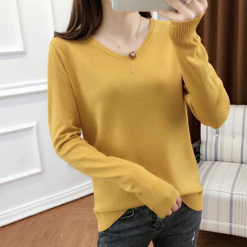 Spring and Autumn V-neck Loose Sweater Solid Color Knit Sweater Long-sleeved Bottoming Shirt Fashion Simple Female Top