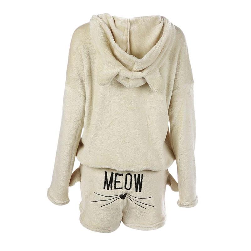 Winter Warm Women Cat-Ear-shaped Hooded Embroidery Sleepwear Pajama Set Female Shorts Homewear Suits