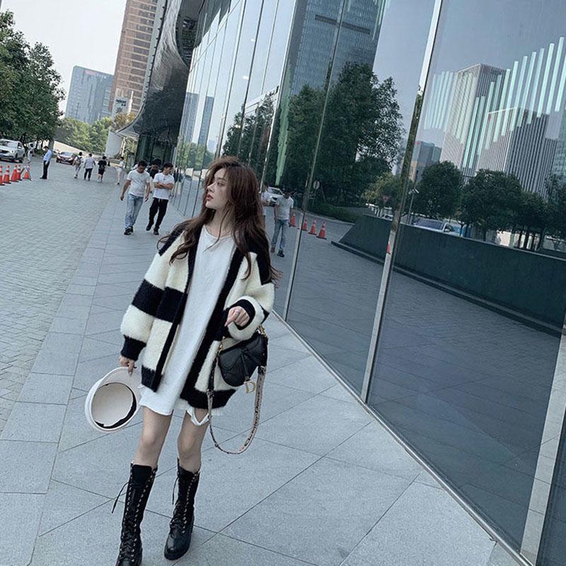 Autumn and Winter Fashion Sweater Loose Casual Striped Jacket Cardigan Knitted Young Women's Top