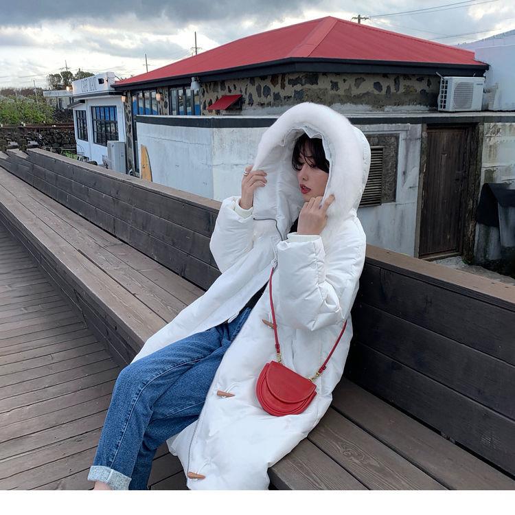 Fluffy Big Fur Collar Hooded White Duck Down Down Jacket Women's Mid-length Loose Women's Winter Thick Coat Button Design Winter Jacket