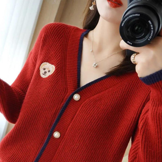 Sweater Cardigan Ladies Jacket Spring and Autumn Loose Short Long Sleeve Top V-Neck Thick Knit Sweater Cardigan Jacket