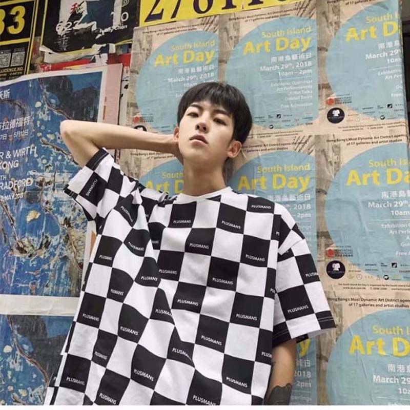 Summer Loose Retro Black and White Plaid Short-sleeved T-shirt Student Bottoming Shirt