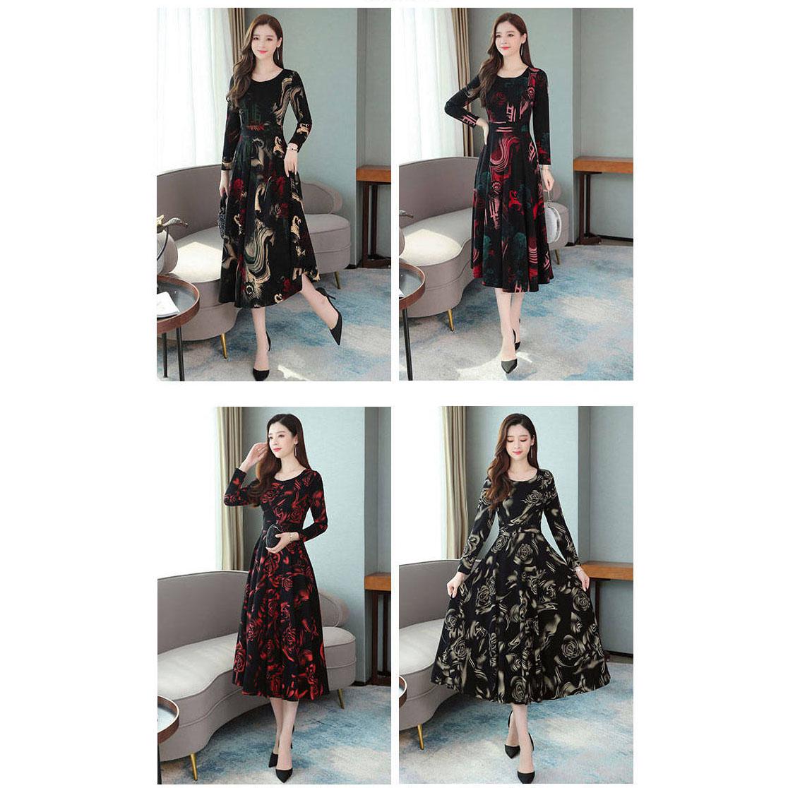 Women's Plus Size Long Floral Skirt Spring and Autumn Women's Round Neck Printed Slim Dress