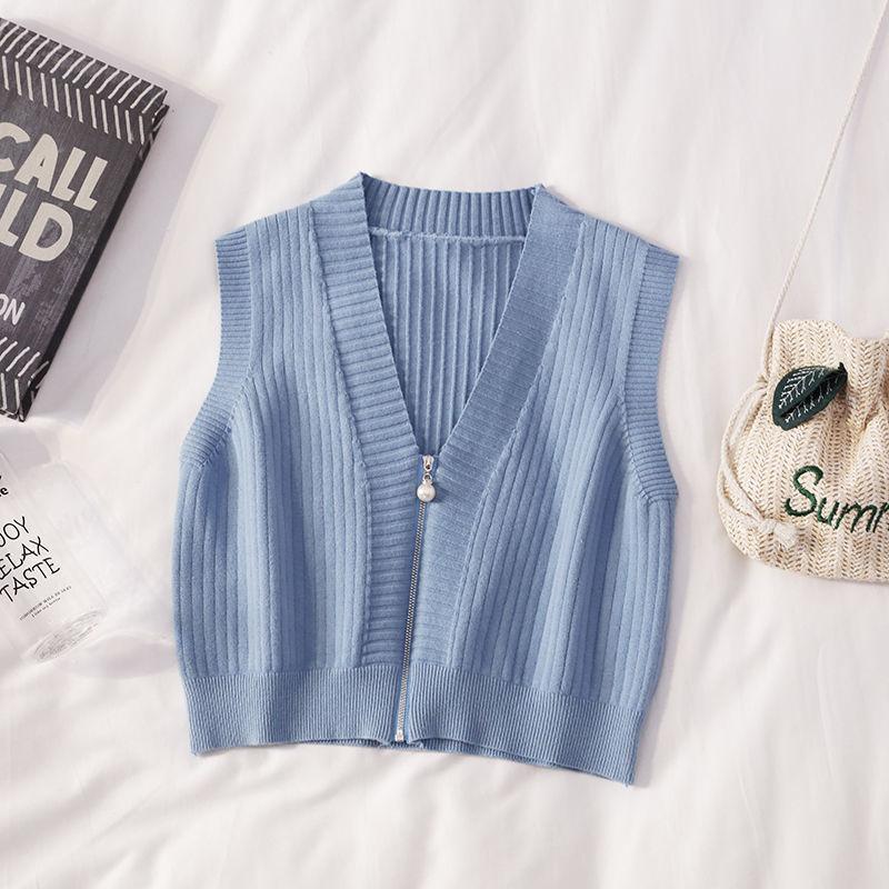Women's Short Zipper Sweater Vest Autumn and Winter Korean Slim Sleeveless Sweater Sweater Vest Jacket