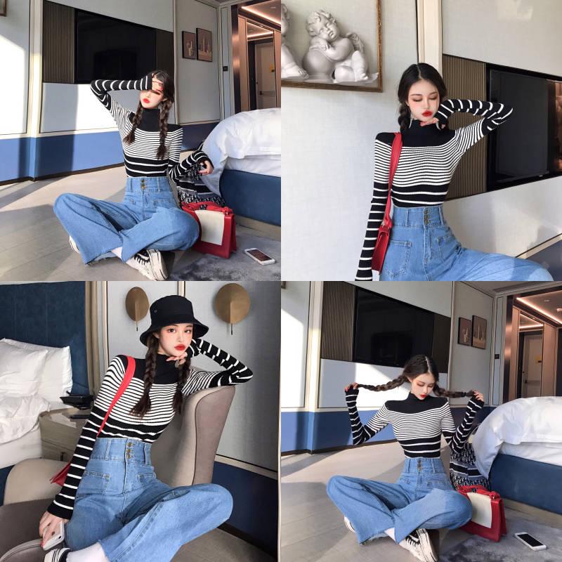 Pofulove Inner Net Red Sweater Bottoming Blouse Korean Slim Turtleneck Striped Long Sleeve Sweater
