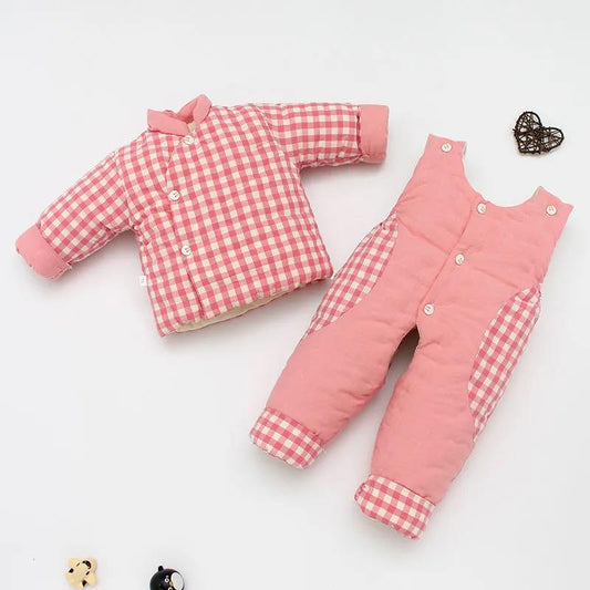 Baby Handmade Cotton-padded Clothes Washed Cotton Plaid Pure Cotton Children's Padded Jacket Cotton Trousers Suit Boys and Girls Autumn Winter Suits