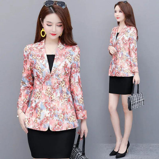 Printed Pink Small Suit Jacket Women's Spring and Autumn Suit Short Slim Fit Thin Top