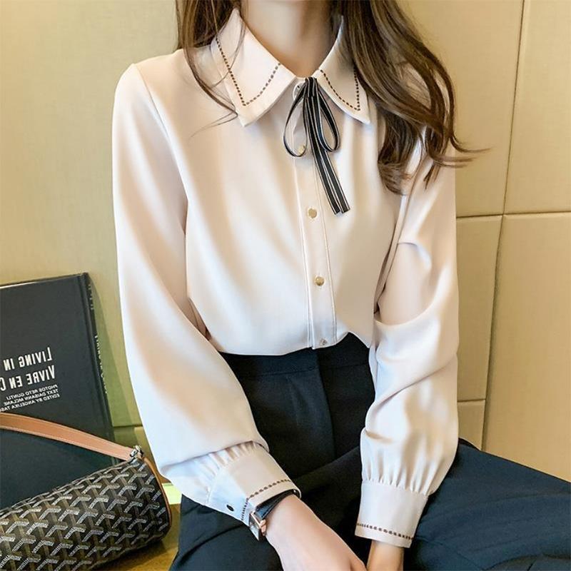 Chiffon Shirt Solid Color Bow Tie Lapel Shirt Ladies Versatile Long Sleeve Bottoming Shirt Commuter
