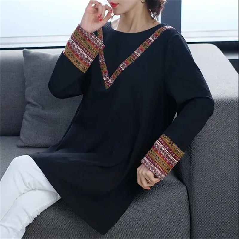 Women's Fashion Casual Tops Splicing Ethnic style Long Sleeve Ladies Loose O-Neck Sweatshirt Pullovers