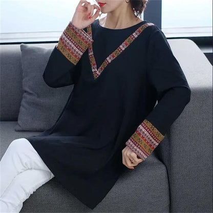 Women's Fashion Casual Tops Splicing Ethnic style Long Sleeve Ladies Loose O-Neck Sweatshirt Pullovers