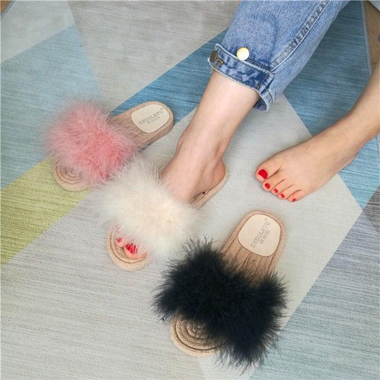 Fur Furry Slide Sweet Feather Thick Bottom Beach Female Sandals Hair Flip Flops Women Home Slippers Indoor Soft