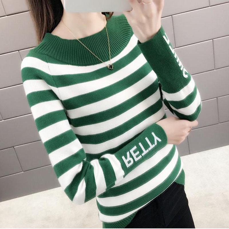Striped Pattern Sweater Knit Slim Pullover Top for Autumn and Winter Women's Bottoming Shirt