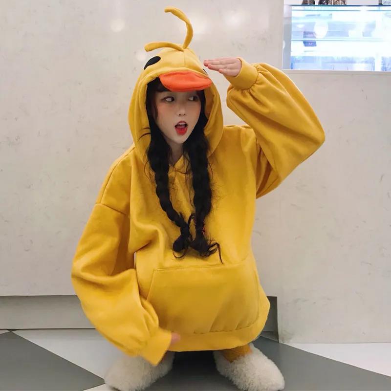 Fleece Thickening Funny Girl Little Yellow Duck Sweater Women's Hooded Pocket Jacket Solid Color Top