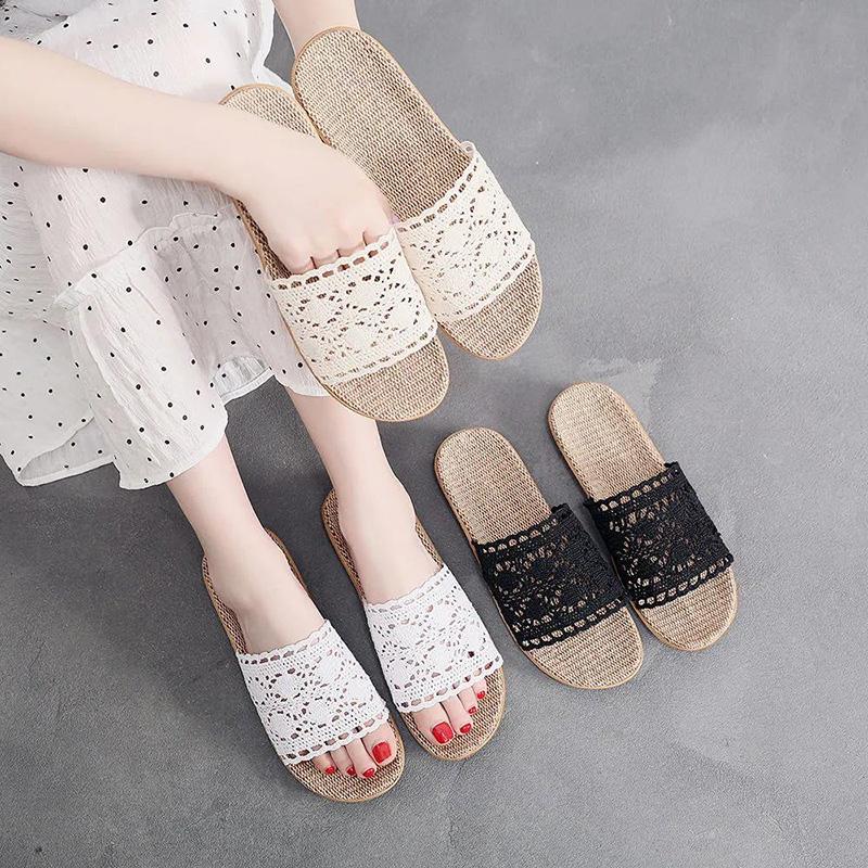 Lace Home Linen Slippers Four Seasons Summer Women's Indoor Non-slip Household Wooden Floor Mute Small Fragrance Sandals and Slippers