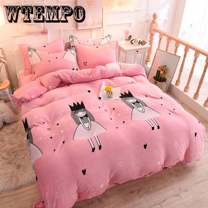 4pcs Thick Double-sided Flannel Duvet Cover Purple/blue/pink Printed King Size Bedding Set