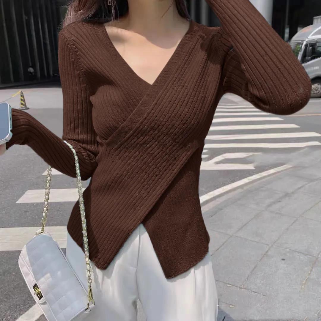 Women V-neck Pullovers Spring Slim Shirts Casual Long Sleeve Tee Temper Elegant Top