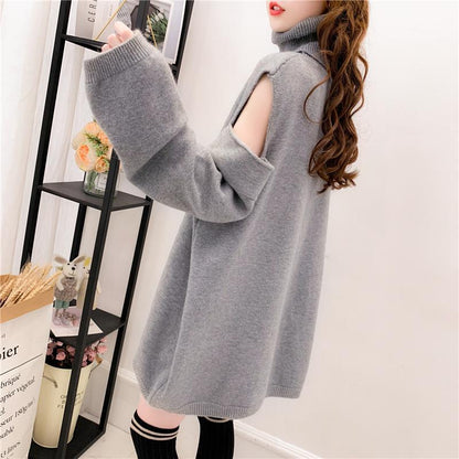 Off-the-shoulder High-neck Careful Machine Sweater Women Autumn and Winter Loose Tops, Fashionable Casual Coat
