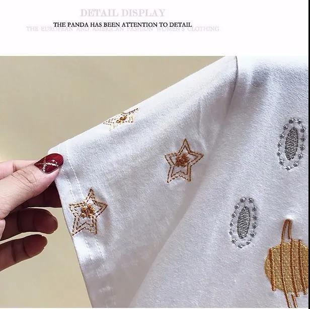 Cartoon Star Planet embroidery T-Shirt Solid Cotton Tee Female Casual Short Sleeves Tops