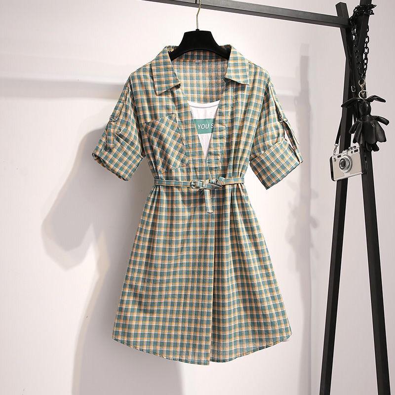 Pofulove Summer dress plus size women's plaid dress slim short sleeve shirt dress with pocket