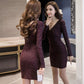 Autumn and Winter Knitted Dress Women V-neck Sexy Wrap Sweater Dress Shiny Bodycon Dress