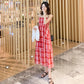 Plaid Chiffon Suspender Skirt Dress Female Summer Long French Style Over-the-knee Retro Fashion Dress