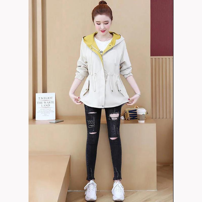 Spring Hooded Windbreaker Coat Women's Mid-length Waist Tightening Korean Style All-match Loose Thin Coat Jacket
