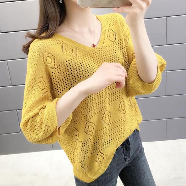 V-neck Hollow Knit Sweater Loose Breathable Long-sleeved Sweater Thin Bottoming Shirt