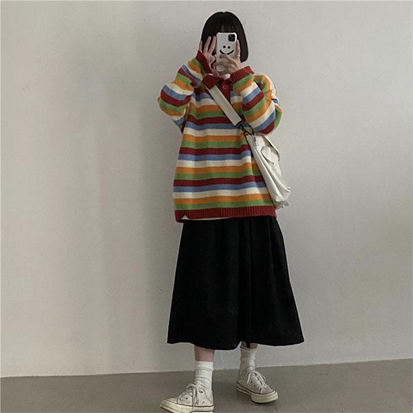 Autumn and Winter College Style Color Stripes Student Loose Mid-length Coat Sweater Women
