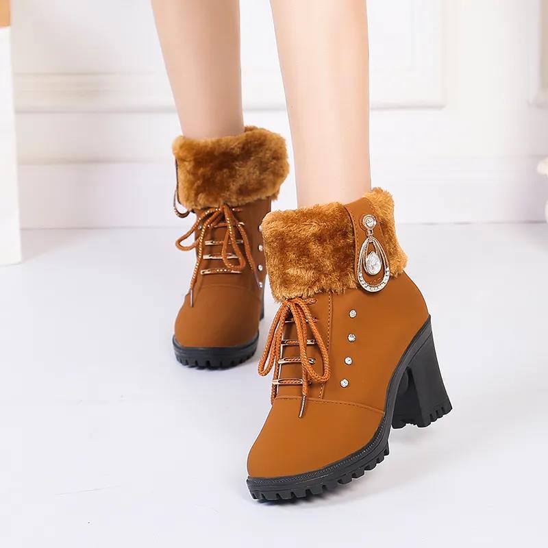 Plus Velvet Women's Boots 2021 Autumn Winter Martin Boots Female British Style High-heeled Short Boots Thick Heel Side Zipper