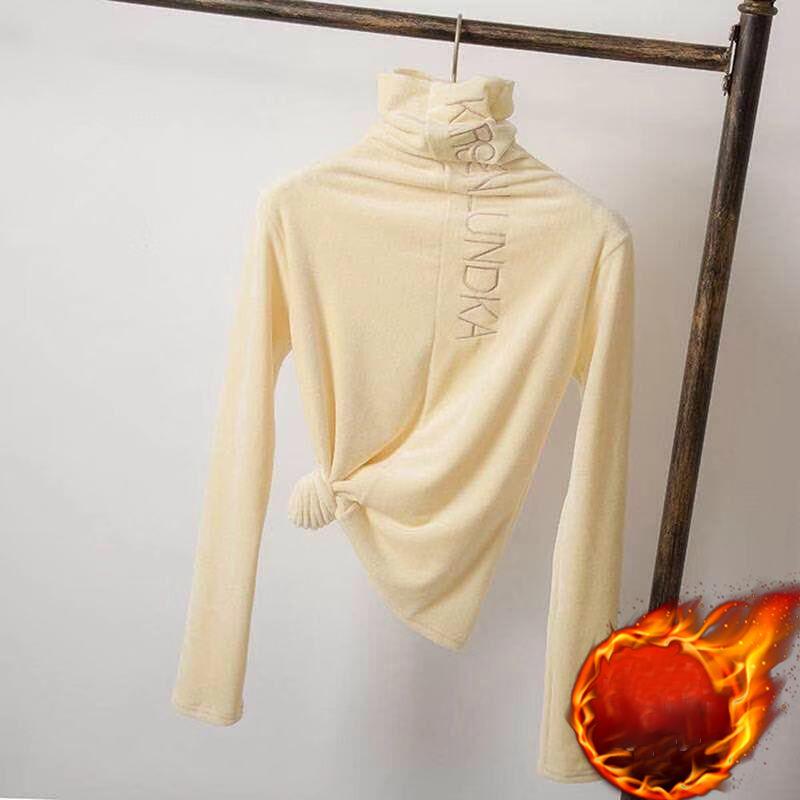 Women winter Embroidered Slim long sleeve turtleneck pullover warm Velvet thick sweater base shirt