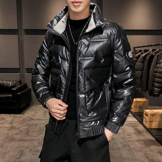 Short White Duck Down Men's Down Jacket Winter Fashion Trend Stand-up Collar Shiny Face Slim Black Jacket